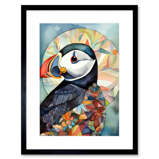 "Puffin Bird Colourful Animal Folk Art 9x7"" Black Framed Wall Art Print"