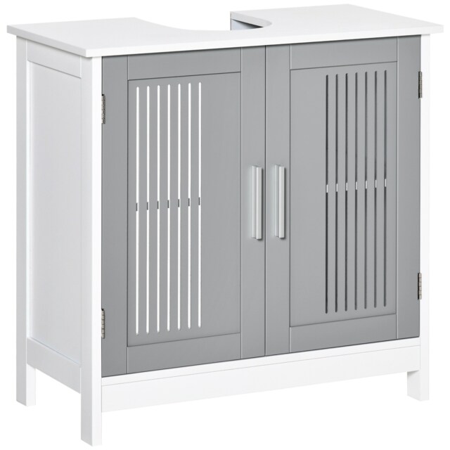 kleankin Bathroom Pedestal Under Sink Cabinet with Storage Shelf, 2 Doors, Grey Grey Grey
