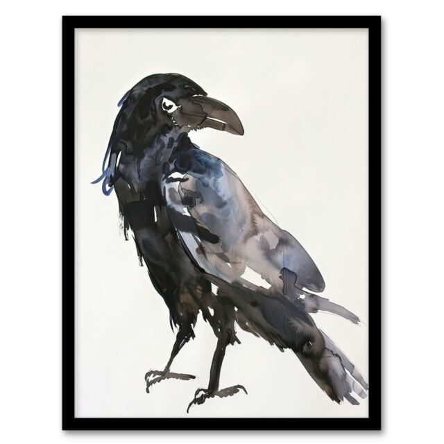 A Single Raven Bird Bright Watercolour Painting Black Framed Wall Art Print A4
