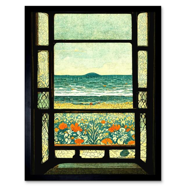 "A Sea View Seaside Beach Flowers William Morris 12x16"" Framed Wall Art Print"