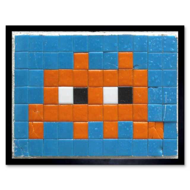 "Pixel Monster Space Vader Orange Tiles 12x16"" Framed Wall Art Print"