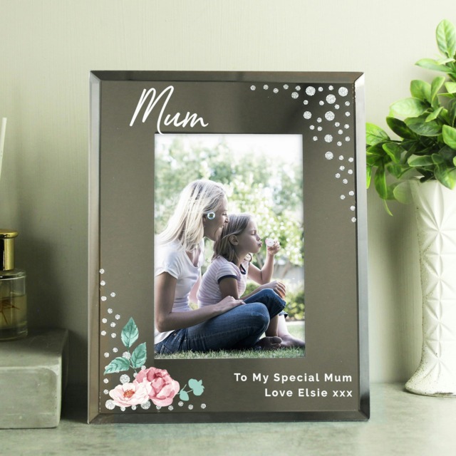 Personalised Floral 6x4 Diamante Glass Photo Frame Silver One Size
