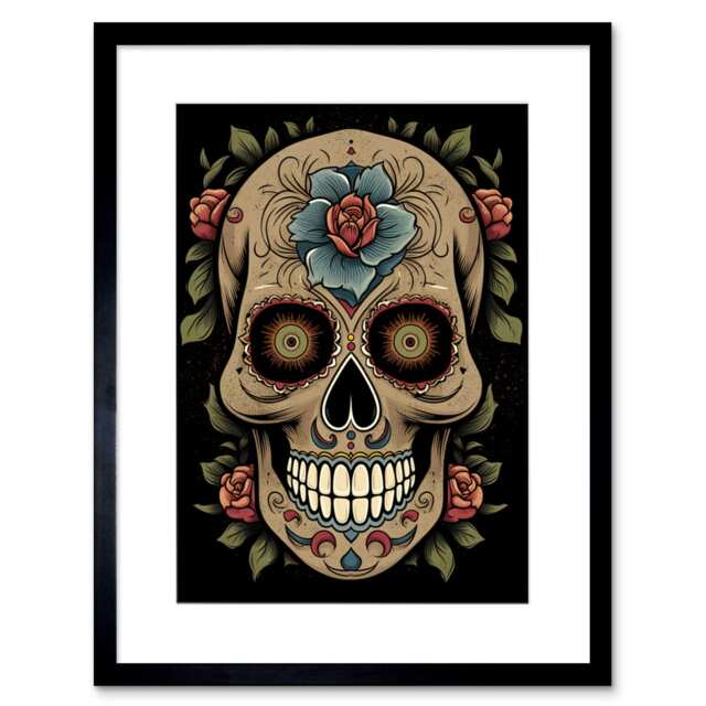 "Old School USA Tattoo Ink Day Dead Skull Americana 50s 9x7"" Black Framed Wall Art Print"