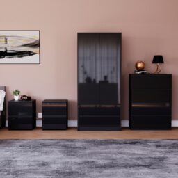 Vida Designs Glinton 4 Piece FSC Certified Bedroom Set (2 Drawer Bedside Chest x2, 4 Drawer Chest, 2 Door 2 Drawer Wardrobe), Black Black Black L 4