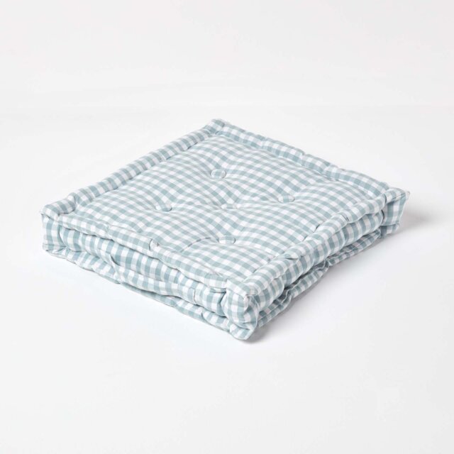 Homescapes Cotton Gingham Check Blue Floor Cushion - 40 x 40 cm Blue 40 x 40 cm