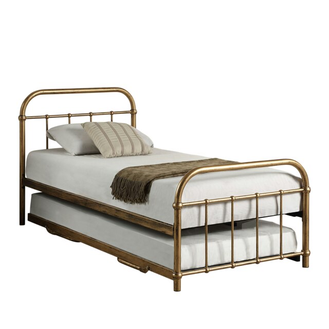 Tewin Vintage Hospital Style Single Brass Metal Bed Frame w Guest Trundle Bronze Brass Single