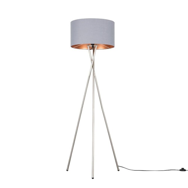 ValueLights Camden Brushed Chrome Tripod Floor Lamp Grey Copper Shade