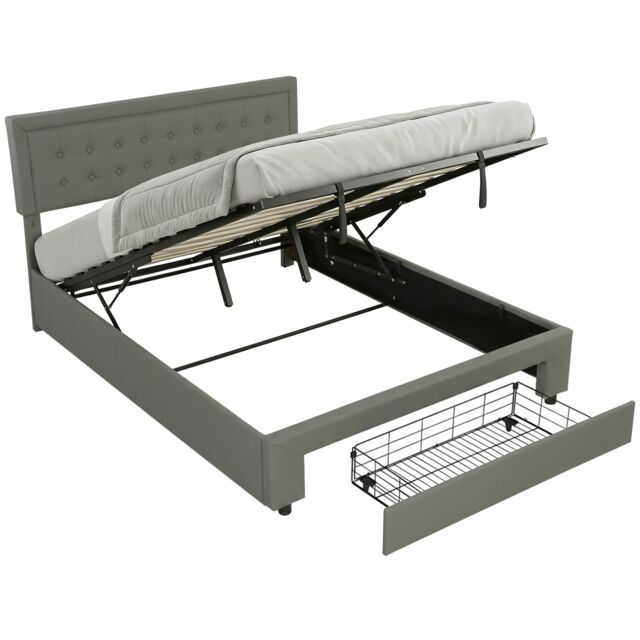 HOMCOM King Bed Frame with Storage and Adjustable Headboard