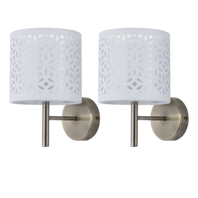 Set of 2 Brea - Antique Brass Wall Lights with White Cut Out Shade Yellow White 2