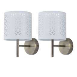 Set of 2 Brea - Antique Brass Wall Lights with White Cut Out Shade Yellow White 2