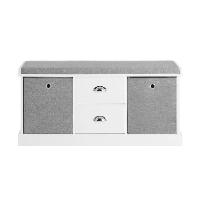 SoBuy 2 Baskets 2 Drawers Hallway Storage Bench with Seat Cushion, White/Gray, 39.4x13.8x19.7 inches, 20.9 kg - FSR66-HG