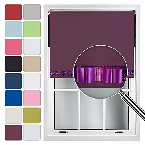FURNISHED Blackout Roller Blind with Purple Glitter Trim and Purple Bow Cut to Size Purple Aubergine (W) 180cm x (L) 210cm
