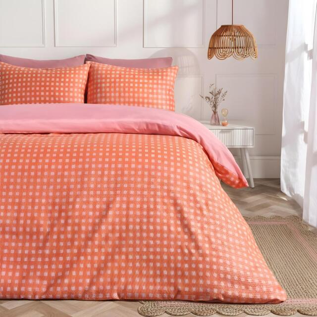 OHS Gingham Embossed Bedding Set Waffle Duvet Cover with Pillowcase Pink Coral Double