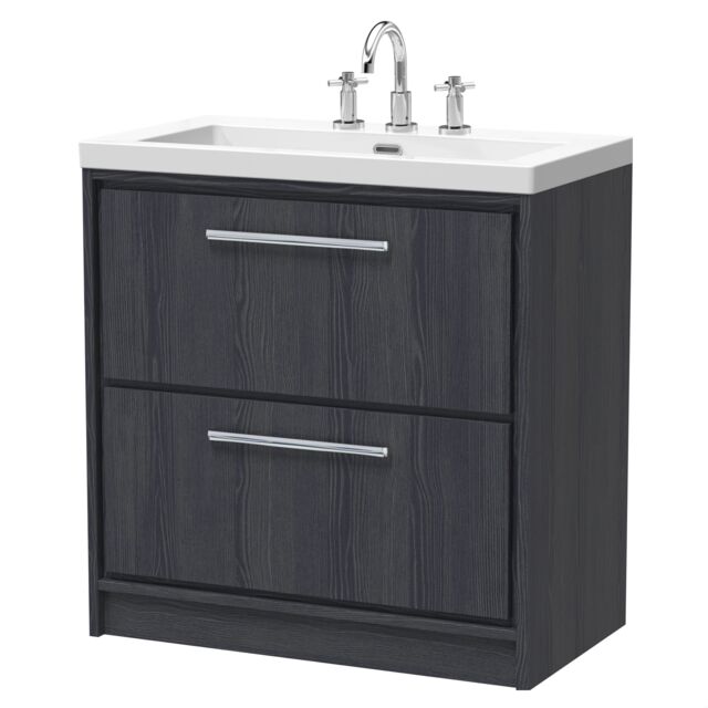 Balterley Longnor 2 Drawer Floor Standing Vanity Unit with 3 Tap Hole Modern Fireclay Basin, Woodgrain Graphite Grey, 800mm