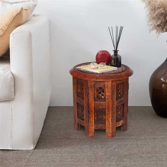Antique Effect Round Carved Wooden Bedside Lamp Table Side End Coffee Table Small 30 x 30 x 30 cm
