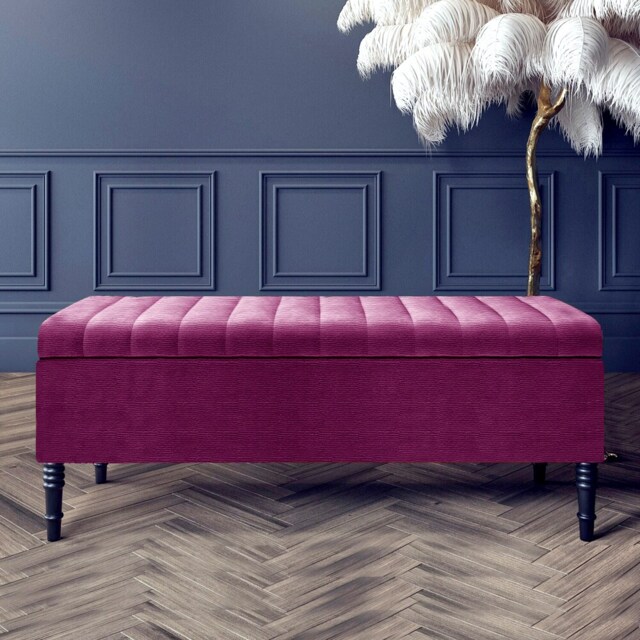 150cm Paris Striped Ottoman Storage Bench -Upholstered Shoes Bench with Black Turned Wooden Legs - Purple Naple Ottoman Bench