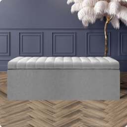 180cm Safar Large Striped Storage Ottoman Box, Silver Plush Velvet Upholstered Deep Storage Ottoman End of Bed Bench