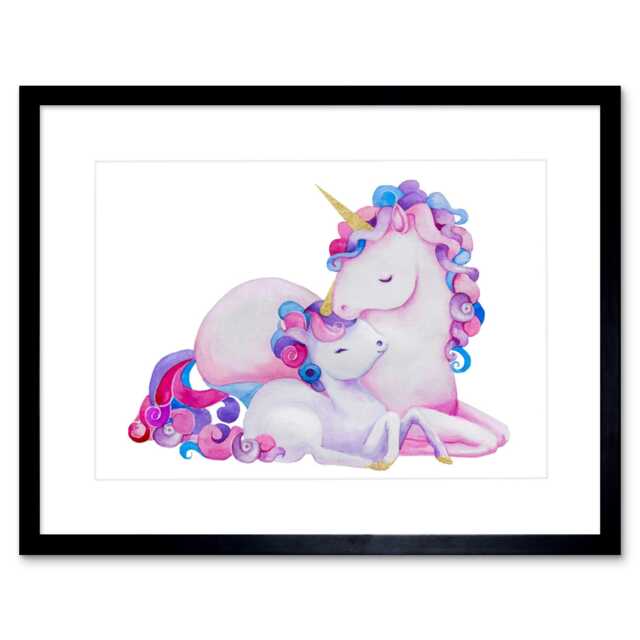 "Unicorn Mother Daughter Cute Painting Kids Bedroom 9x7"" Black Framed Wall Art Print"