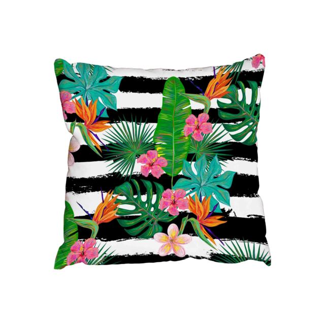 Summer tropical pattern with exotic flowers and palm leaves (Outdoor Cushion)