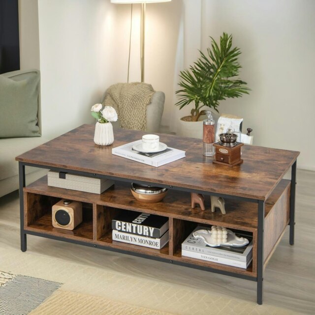 Industrial Wooden Coffee Table With Storage Shelves Brown