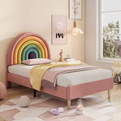 VILUXE 3ft Single Upholstered Bed Frame with Rainbow Headboard, Adjustable Height and Wooden Slats, Pink Velvet, 90 x 190cm, No Mattress