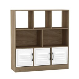 Asymmetrical 8 Cube Oak Freestanding Bookcase Shelf Storage Unit with 3 Doors White Metal Doors - White 1