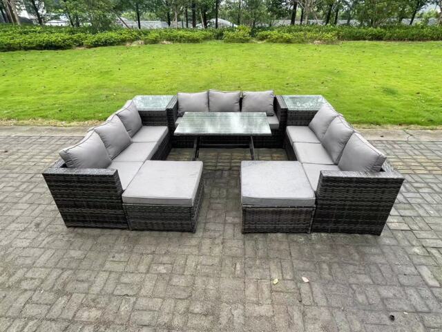 Fimous 11 Seater Wicker PE Rattan Outdoor Furniture Lounge Sofa Garden Dining Set with Dining Table 2 Side Tables 2 Big Footstools Dark Grey Mixed