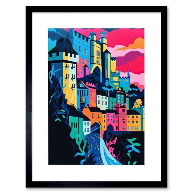 "Nottingham City Vibrant Abstract Pop Cityscape 9x7"" Black Framed Wall Art Print"