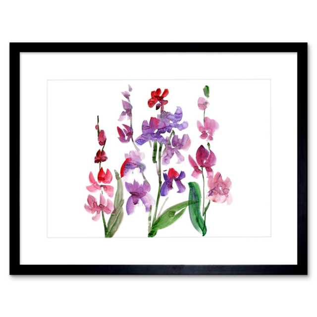 "Pink Purple Orchid Flowers Bright Floral Watercolour 9x7"" Black Framed Wall Art Print"