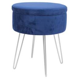 Harbour Housewares Velvet Storage Footstool - Round Modern Dressing Table Footstool Vanity Seat Chair - 45 x 36cm - Blue/Silver Blue Blue/Silver Pack of 1 1