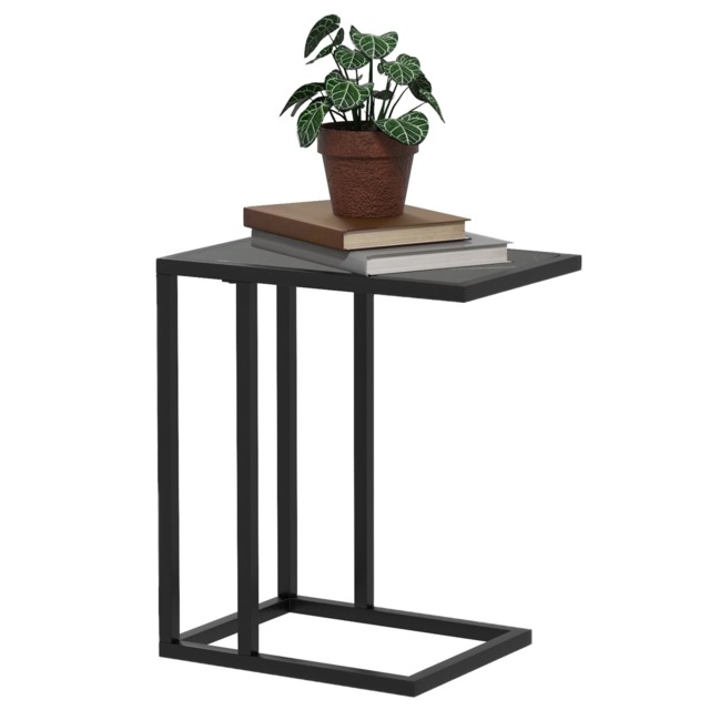 HOMCOM C Shape End Table withMetal Frame Sofa Side Table Narrow Snack Coffee Table for Living Room, Black Marble Effect Black