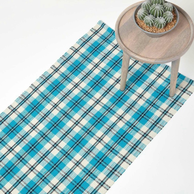 Homescapes Irvine Handwoven Blue Tartan Cotton Hall Runner - 66 x 200 cm Blue Blue