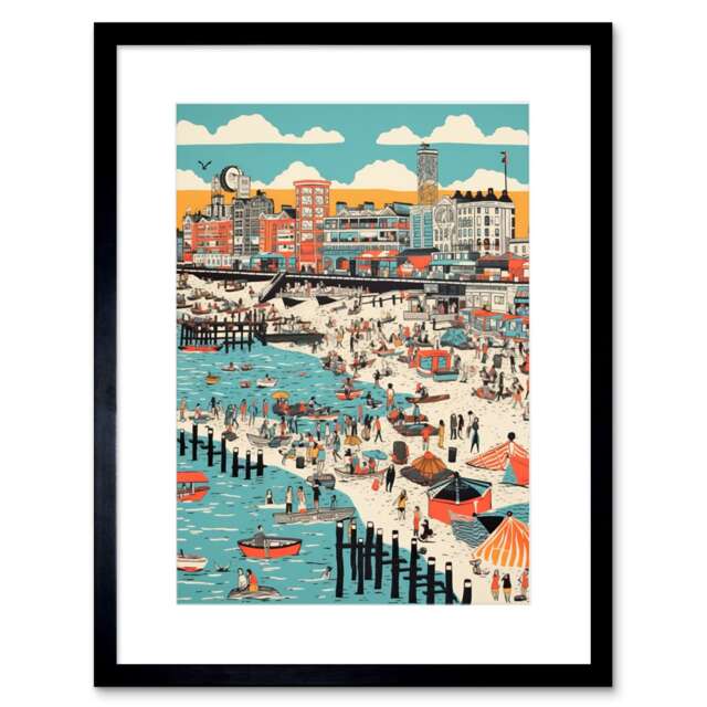 "Brighton Beach Warm Summer Day Colourful Scene 9x7"" Black Framed Wall Art Print"