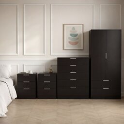 Vida Designs Trega 4 Piece Bedroom Set (3 Drawer Bedside Chest x2, 5 Drawer Chest, 2 Door 2 Drawer Wardrobe) Black