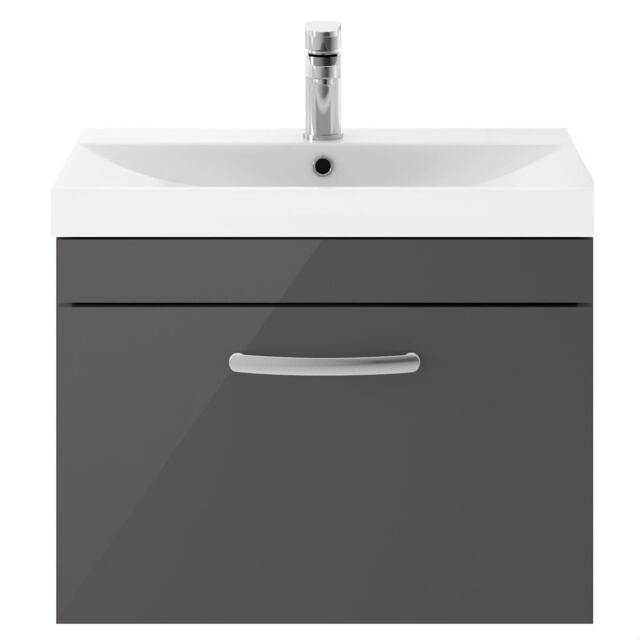 Balterley Millwich Contemporary 1 Drawer Wall Hung Vanity Unit with Thin Edge Basin, Gloss Grey, 600mm