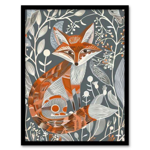 Woodland Folk Art Grey Rustic Wildflowers Black Framed Wall Art Print A4