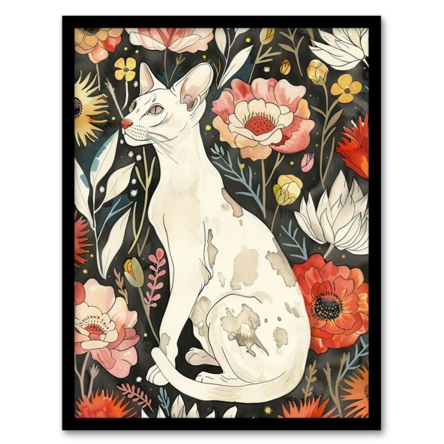 Cat Lover Oriental Shorthair Floral Pet Portrait Black Framed Wall Art Print A4