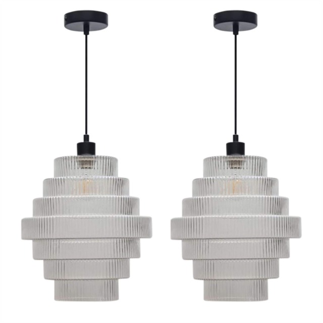 Set of 2 Benson - 7 Tier Large Glass & Black Ceiling Pendant Lights