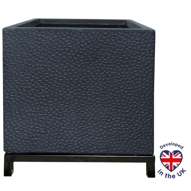 Hammered Stone Style Black Square Indoor Planter on Metal Stand H42 L33 W33 cm, 42.9 ltrs Cap.