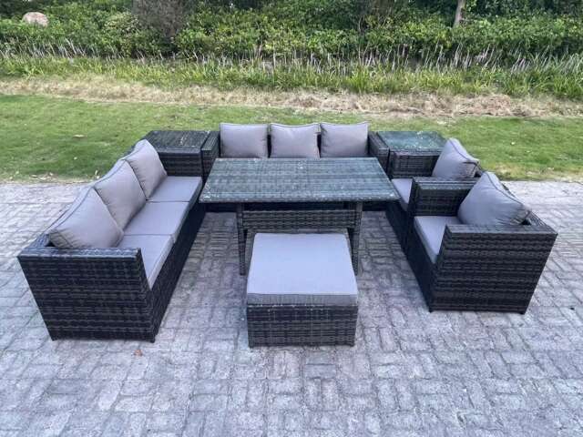 Fimous 9 Seater Outdoor Wicker Garden Furniture Rattan Lounge Sofa Set Patio Rectangular Dining Table with 2 Armchair 2 Side Table Stool Dark Grey Mixed
