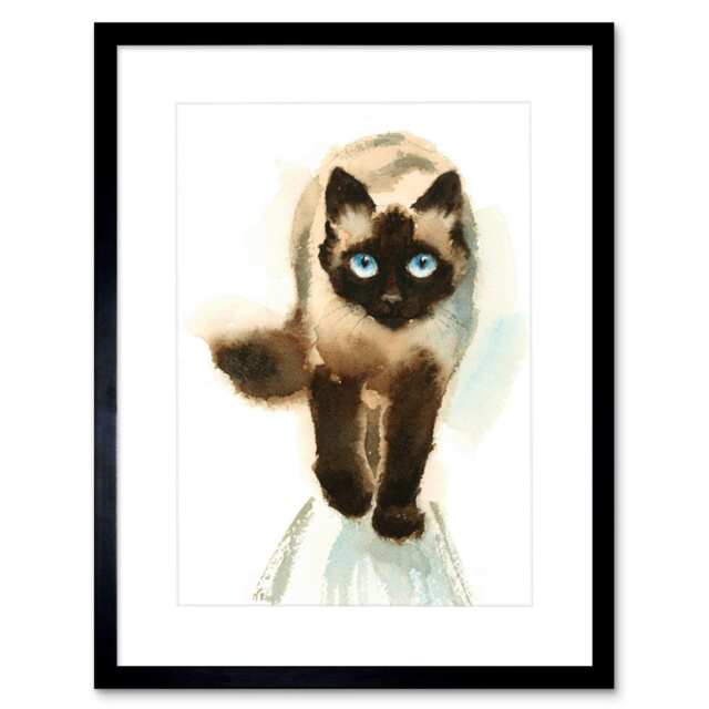 "Ragdoll Pet Walking Watercolour Cat Lover Gift 9x7"" Black Framed Wall Art Print"
