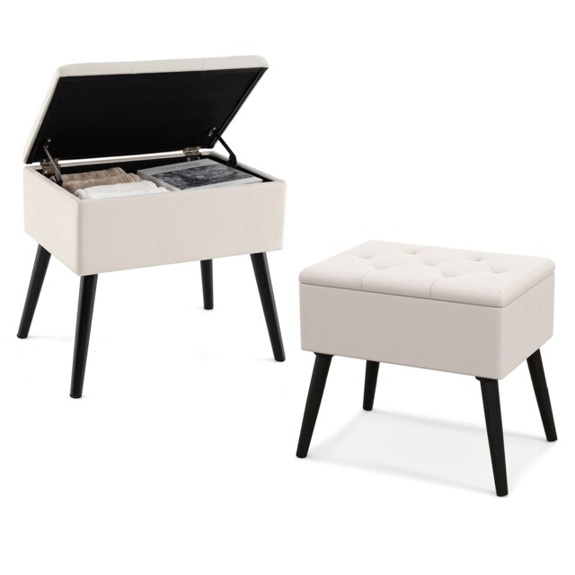 COSTWAY Velvet Storage Ottoman Flip Top Stool Solid Wood Legs Beige