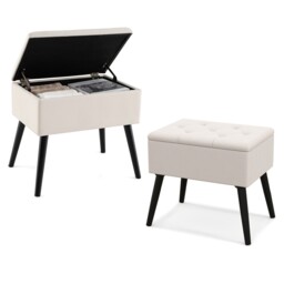 COSTWAY Velvet Storage Ottoman Flip Top Stool Solid Wood Legs Beige
