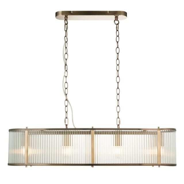 Ridgeton Bar Pendant Ceiling Light Antique Brass Plate, Clear Ribbed Glass, 4x E14