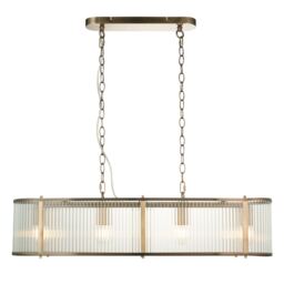 Ridgeton Bar Pendant Ceiling Light Antique Brass Plate, Clear Ribbed Glass, 4x E14
