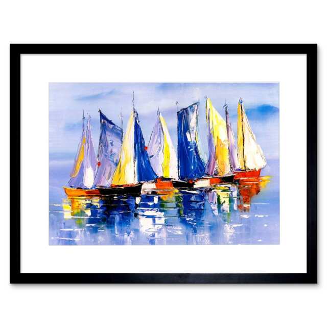 "Boats Sailing at Sea Sailboats Oil Painting Bathroom 9x7"" Black Framed Wall Art Print"