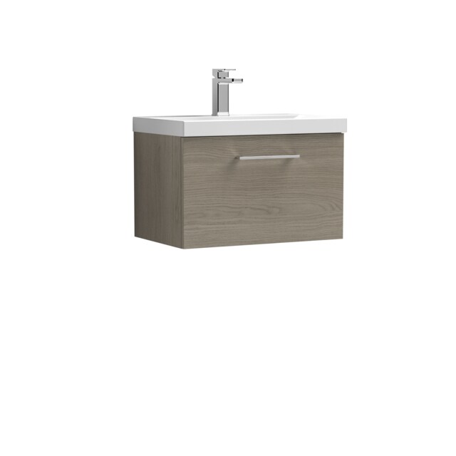 Balterley Level Modern Bathroom Wall Hung 1 Soft Close Drawer Vanity Unit & Mid-Edge Basin Brown Solace Oak