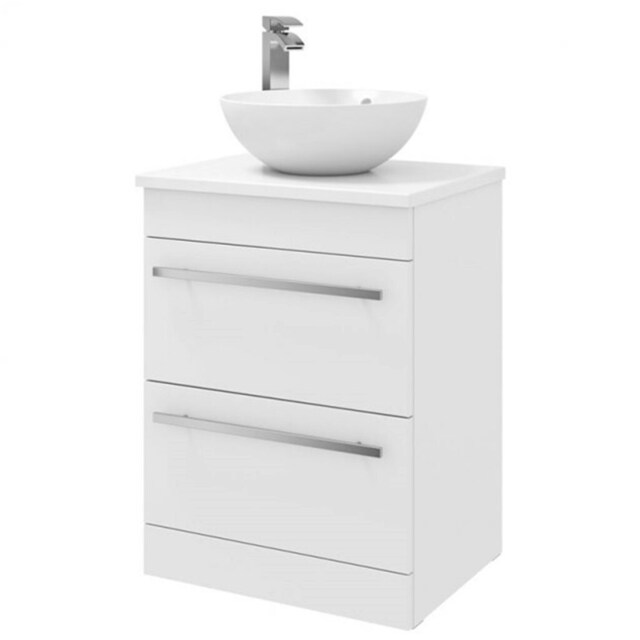 Bathroom 2-Drawer Floor Standing Vanity Unit with Sit-On Basin and Worktop 600mm Wide - White - Brassware Not Included White White 1