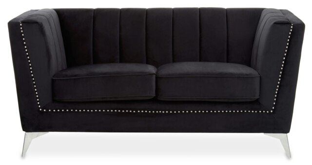 Orsina Refined Two Seat Black Velvet Sofa, Velvet Upholstered Mid Century Sofa, Contemporary Sofa For Livingroom