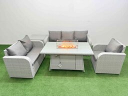 Fimous Patio PE Wicker 6 Seater Outdoor Rattan Furniture Sofa Sets with Firepit Dining Table Reclining Chair Loveseat Sofa 3 Seater Sofa Side Table Light Grey